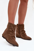bottines femme suédine marron chocolat mi cheville bout pointu tige froncée talon compensé caché fermeture éclair doublure douce