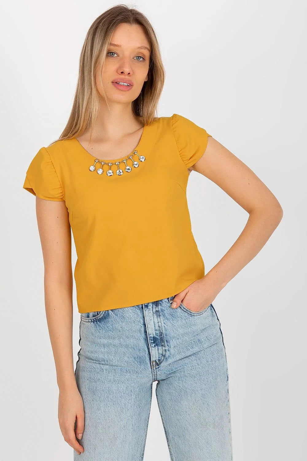 Chemisier Lakerta femme élégant moderne couleur jaune moutarde col rond manches courtes détails métalliques coton confort polyvalent