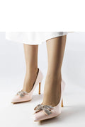 escarpins talons aiguilles satin rose poudré bout pointu silhouette élancée nœud strass talon fin finition lisse