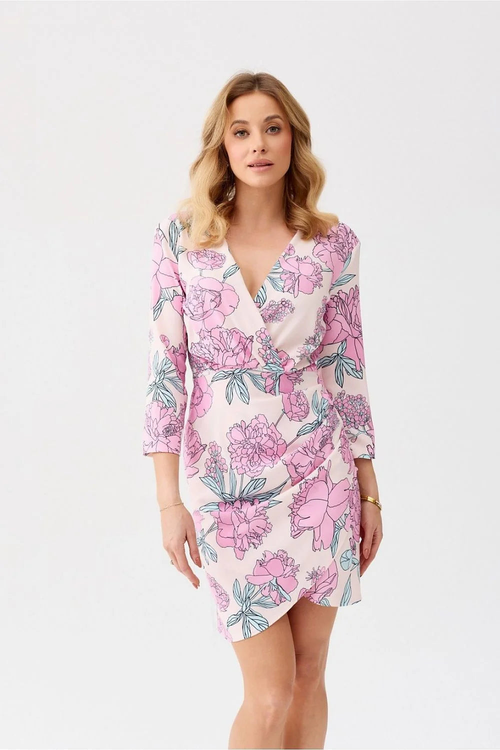 Robe de jour féminine moderne imprimé floral V-croisé manches 3/4 fermeture cachée rose synthétique femme