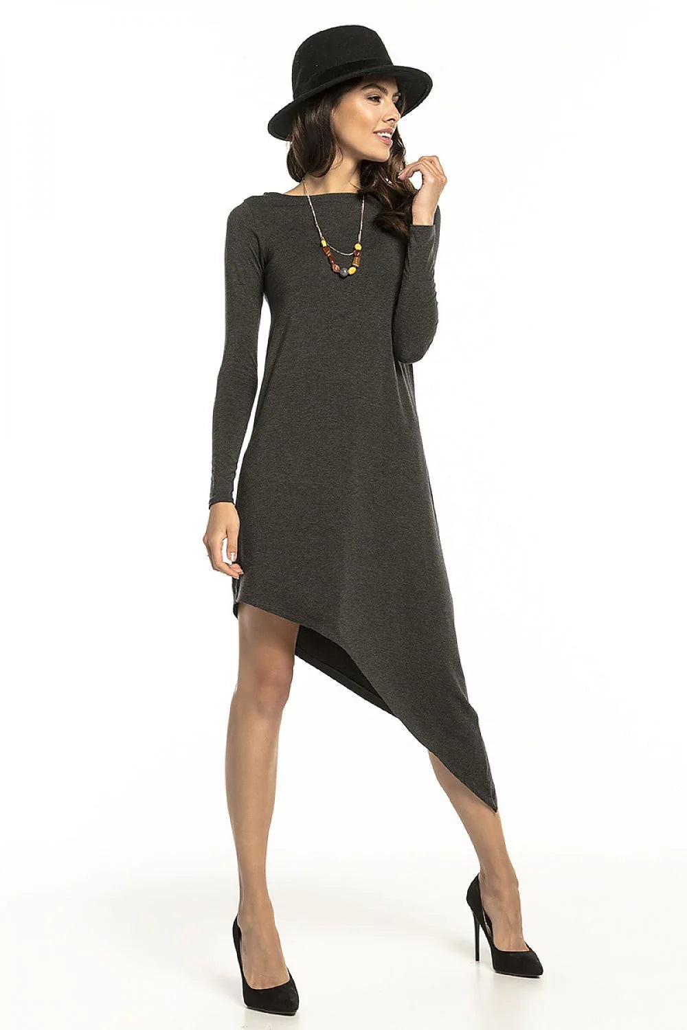 Robe gris viscose design moderne coupe asymétrique manches longues élégante polyvalente pour femme soirées