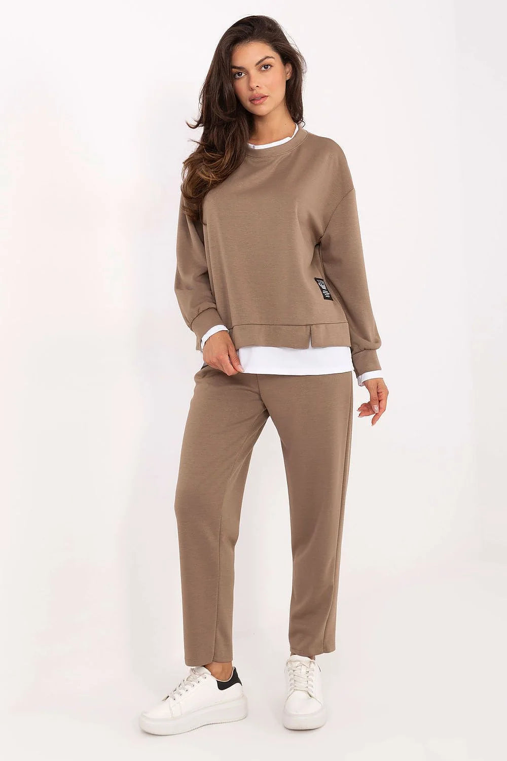 ensemble loungewear femme sweat oversize col rond manches longues bas côtelés ourlet fendu pantalon taille haute viscose elasthanne