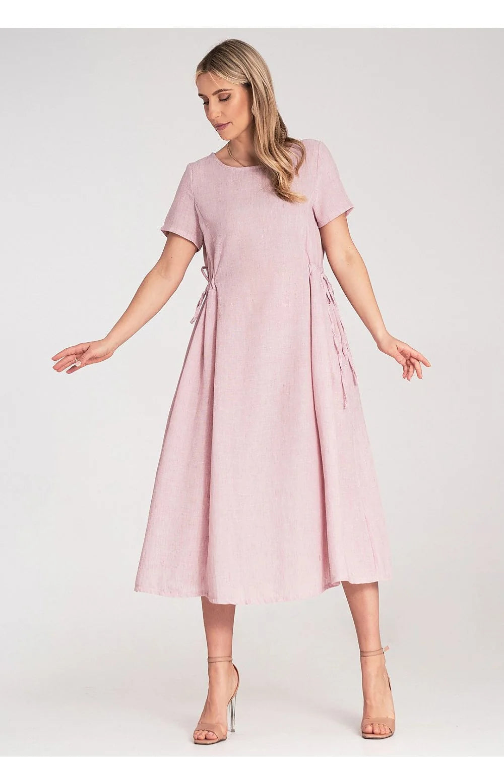 Robe de jour élégante midi manches courtes col rond rose pastel cordon latéral polyester femme