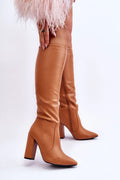 bottes hautes similicuir cognac bout pointu talon colonne bloc renforce maintien confortable semelle antidérapante fermeture éclair interieur