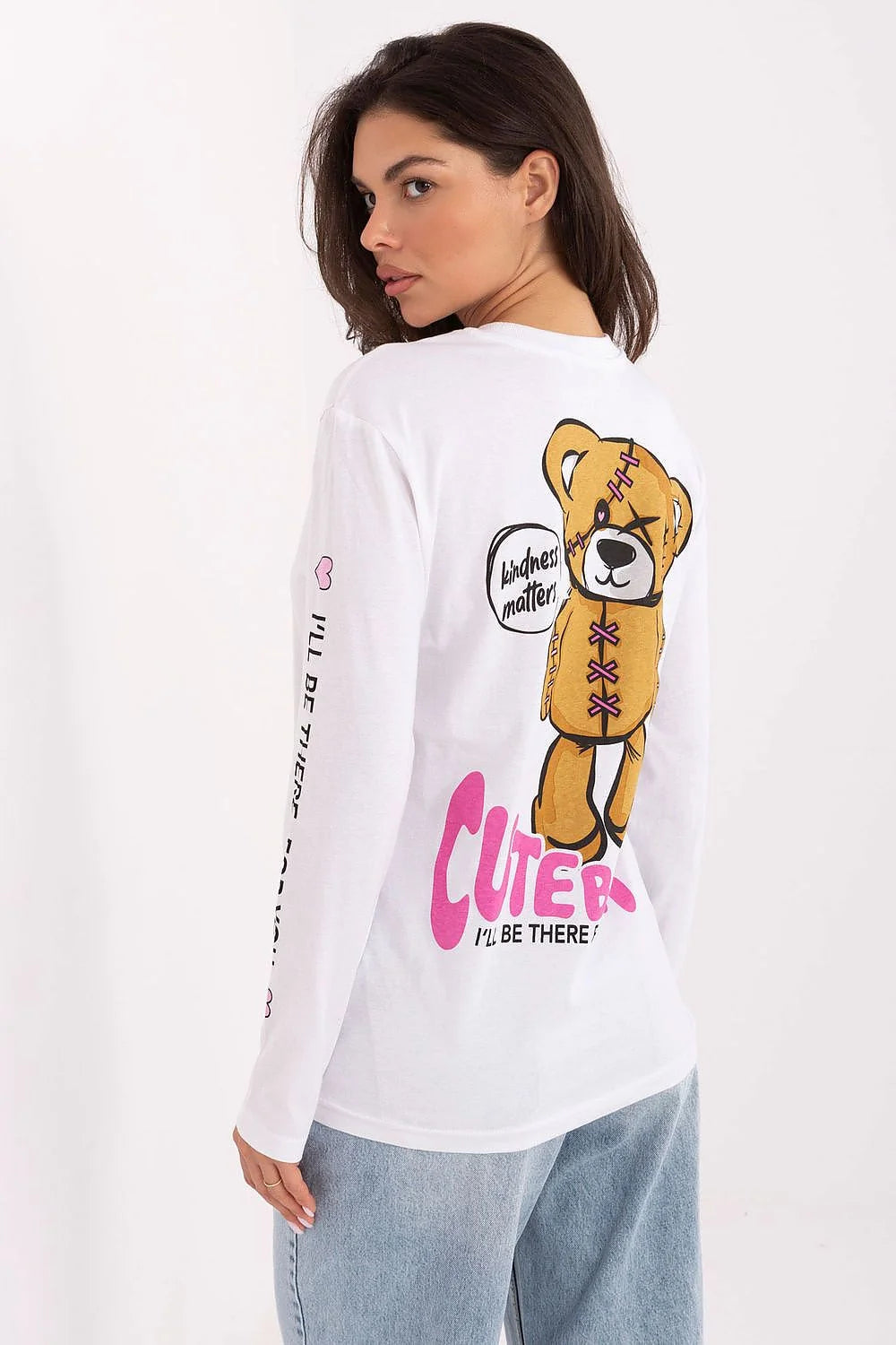 chemisier femme manches longues col rond coupe droite jersey coton doux casual imprimé graphique slogan kindness matters ours rose contrastant