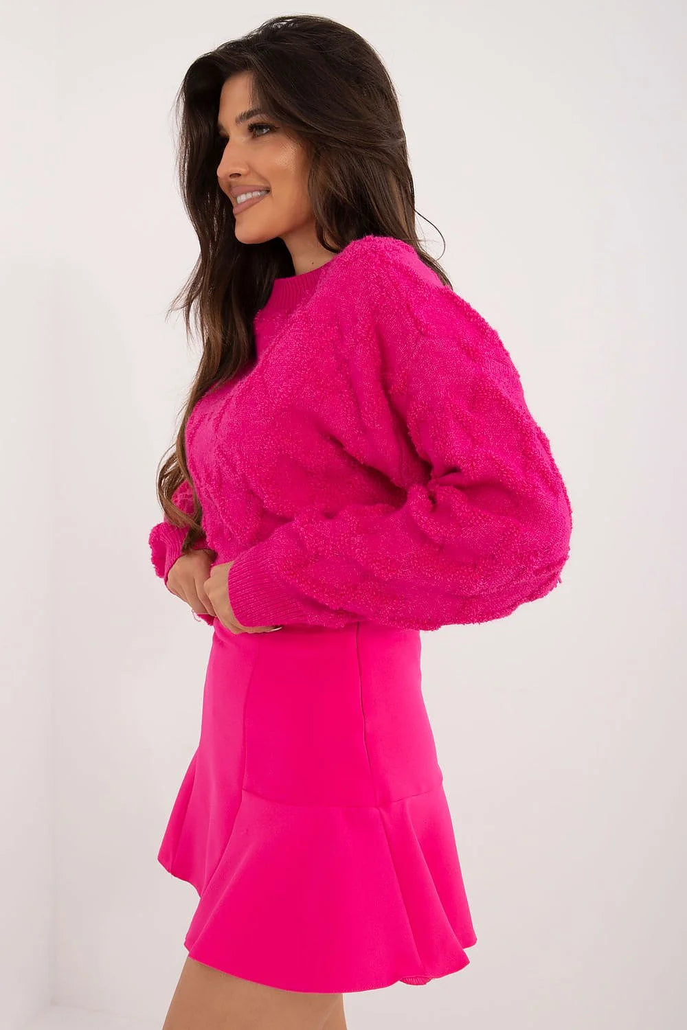 Ensemble Pull Jupe Femme Vibrant Moderne Fuchsia Mélange Laine Polyester Oversize Evasé Taille Haute