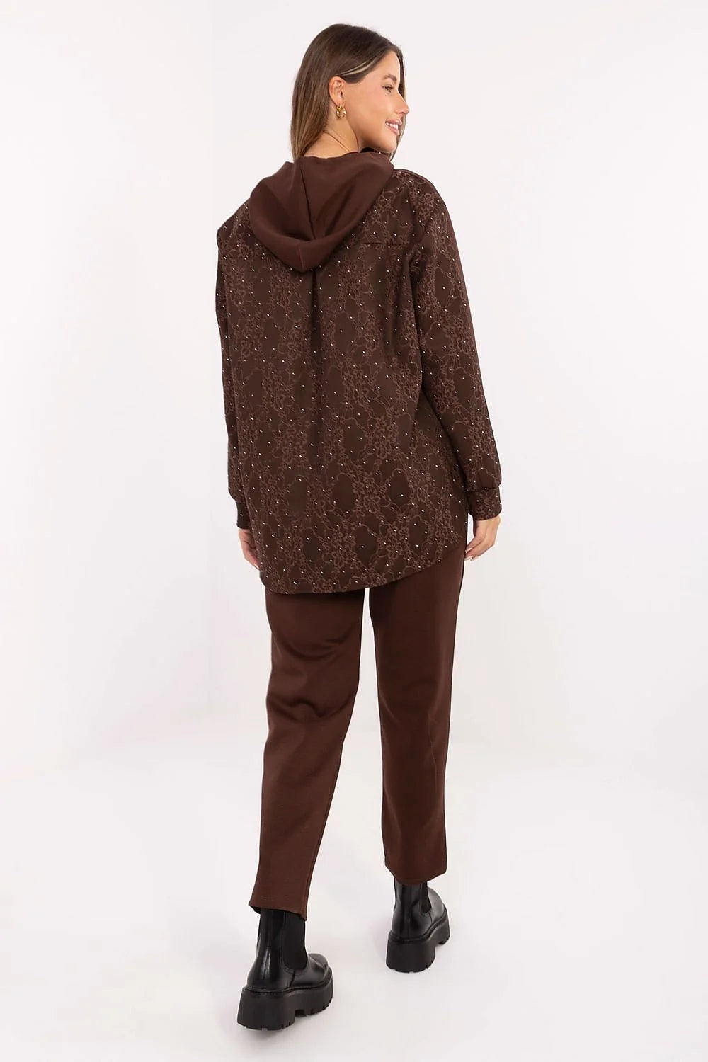 ensemble femme casual sweat capuche molleton chocolat broderie ajourée florale strass dentelle poches latérales pantalon fuselé viscose elasthanne