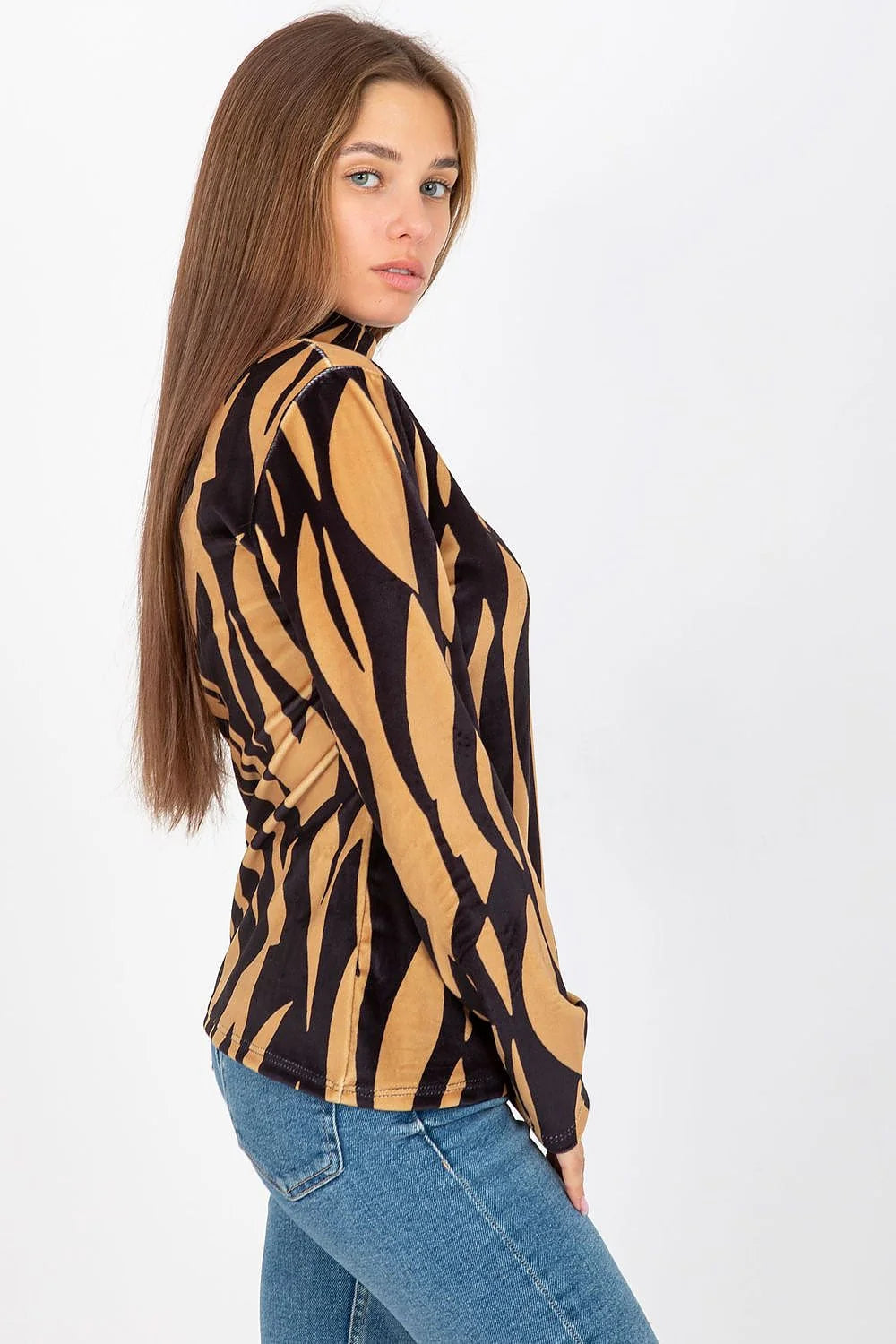 chemisier Rue Paris velours zébré noir beige manches longues col montant coupe ajusté stretch doux confortable