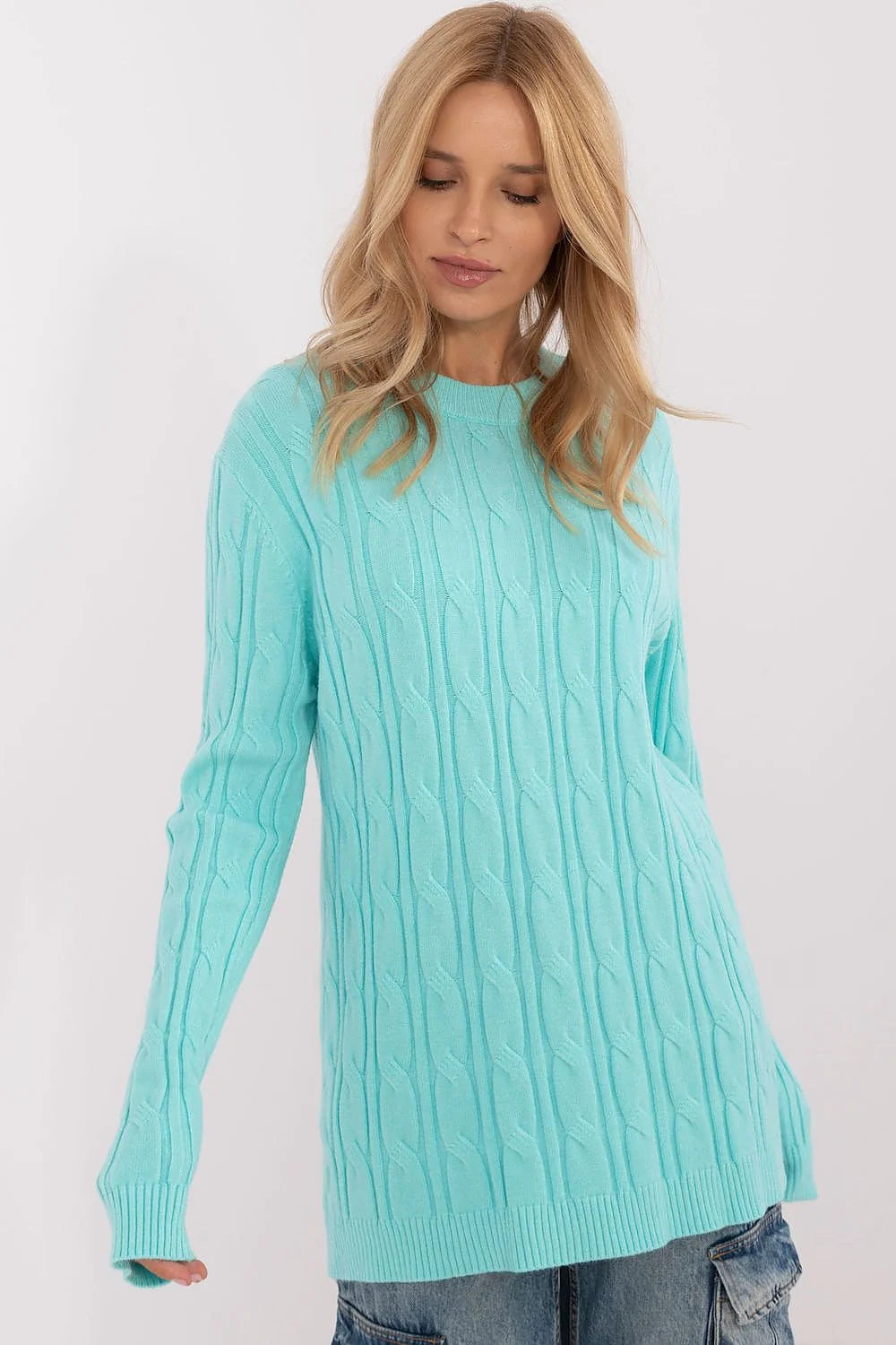 Pull décontracté pour femme en maille douce bleu clair torsades verticales col rond manches longues longueur étendue