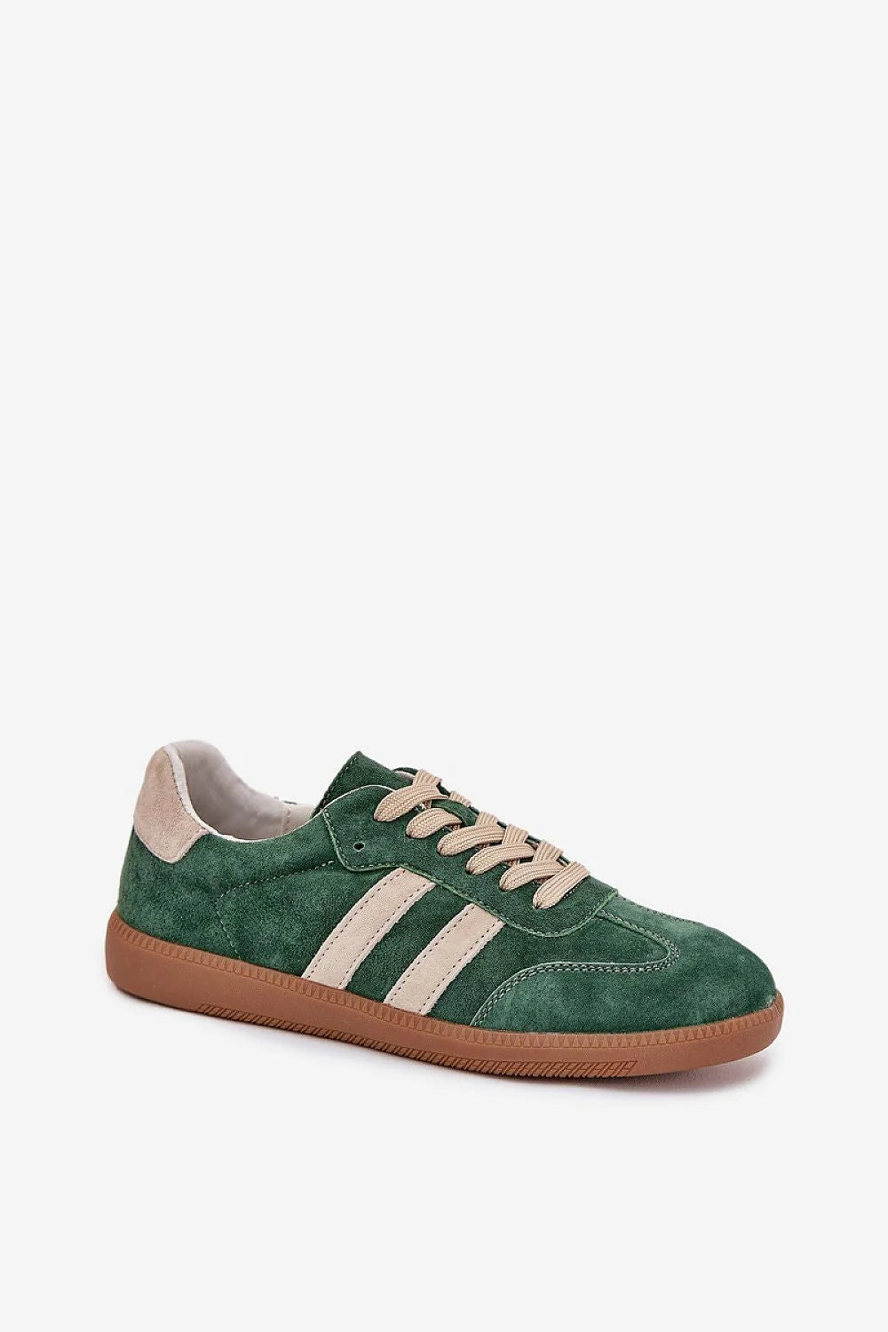 Chaussures de sport Step in style pour femme, design sportif élégant, tige basse, bouts arrondis, cuir naturel, daim vert, lacets beige, semelle caoutchouc marron, occasion quotidienne, casual, mode urbaine, femmes