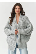 cardigan femme oversize maille torsadée épaisse col châle coupe ouverte longueur hanches manches bouffantes chaud doux acrylique polyamide gris clair