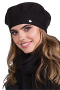 Béret Kamea en laine noir classique pour femme, coupe ronde, écharpe assortie, style français intemporel, confort optimal, occasion多种