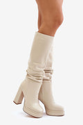 bottes hautes beige cuir synthétique lisse plateforme talon carré épais stable tige froncée bout arrondi couture discrète semelle contrastante confortable