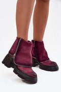 bottines femme Maciejka daim suédé bordeaux patiné tige retournée talon bloc plateforme crantée semelle fermeture éclair latérale bouton pression