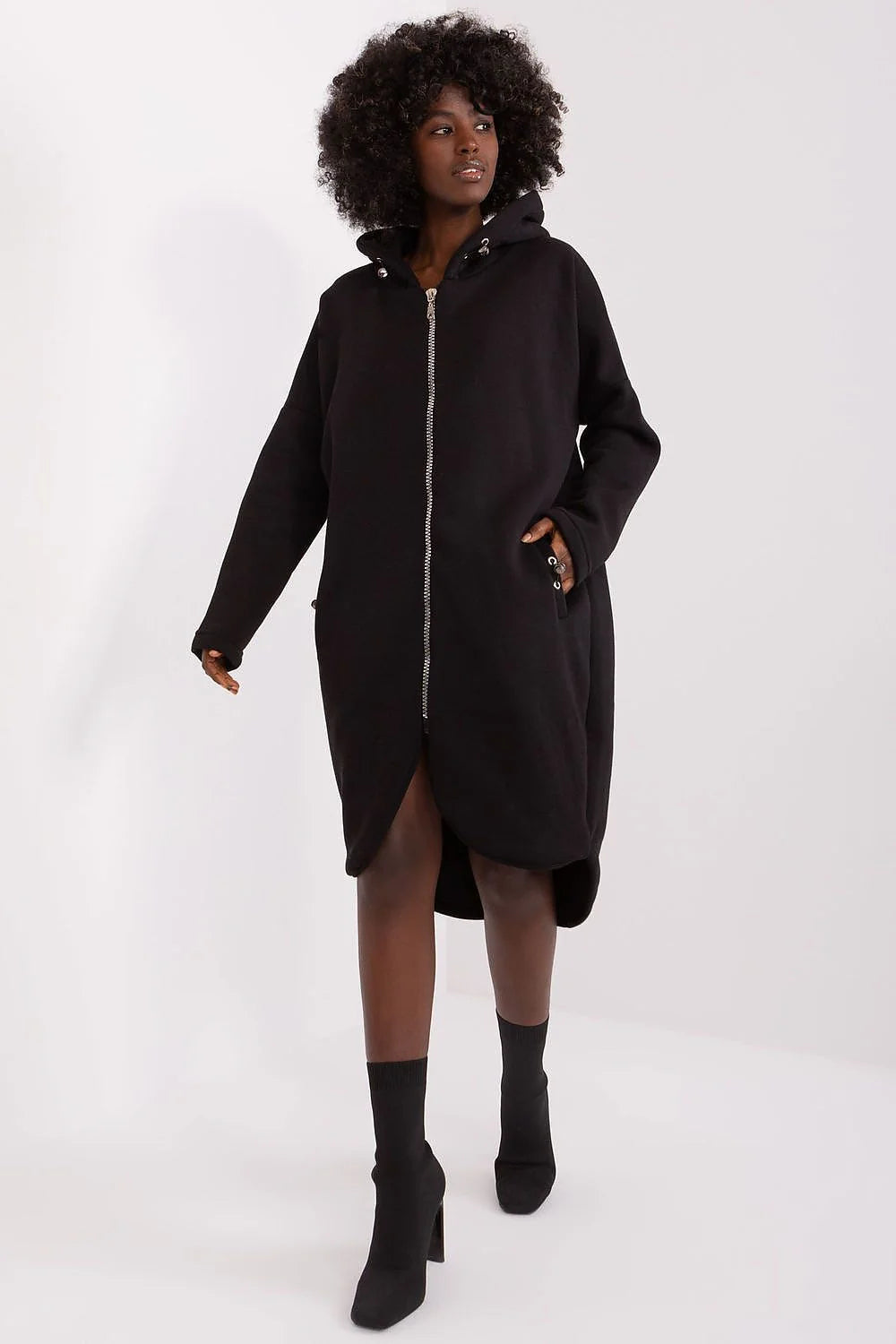 Robe longue à capuche en cotonstretch comfortable avec fermeture éclair noire pour femmes, style décontracté, poches latérales, qualité supérieure