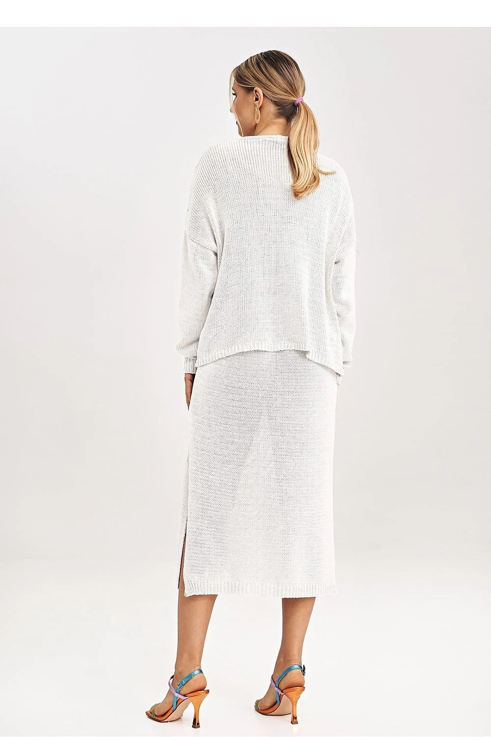 ensemble femme cardigan oversize ouverture maille fine ajourée manches longues décolleté V robe midi fente latérale nœud décoratif côtelés