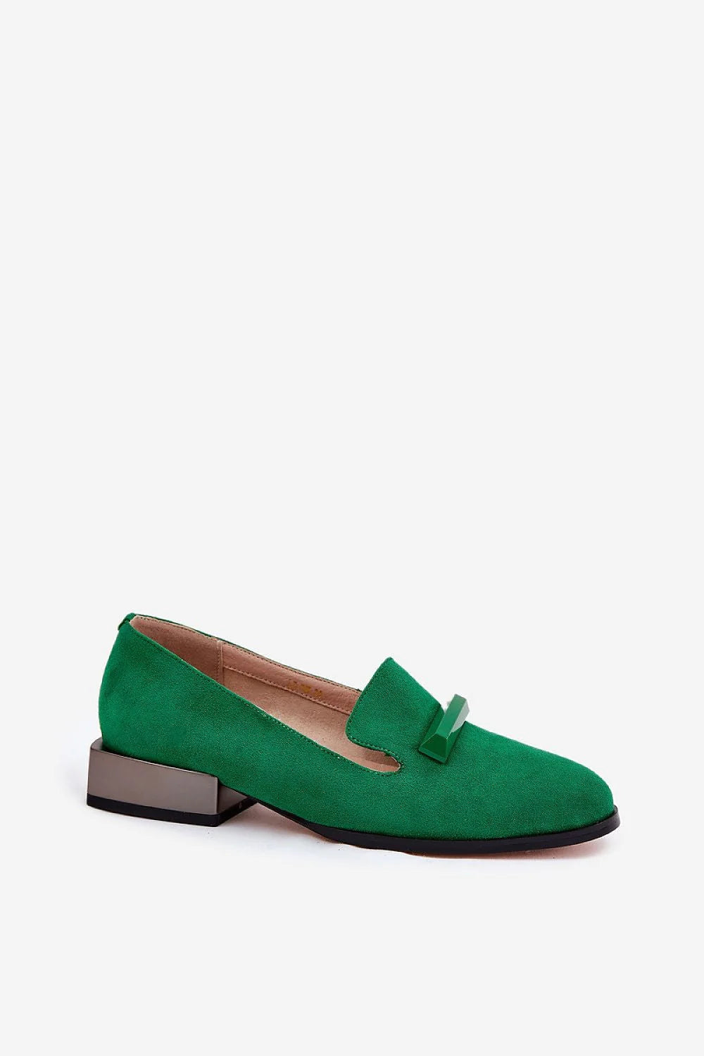 mocassins femme daim suédé émeraude brillant talon bloc bas amande barrette rectangulaire tonale semelle caoutchouc antidérapante rembourrée élégante