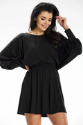 Robe de jour moderne classique noire manches longues volumineuses taille élastiquée polyvalente femme occasion soirée fête