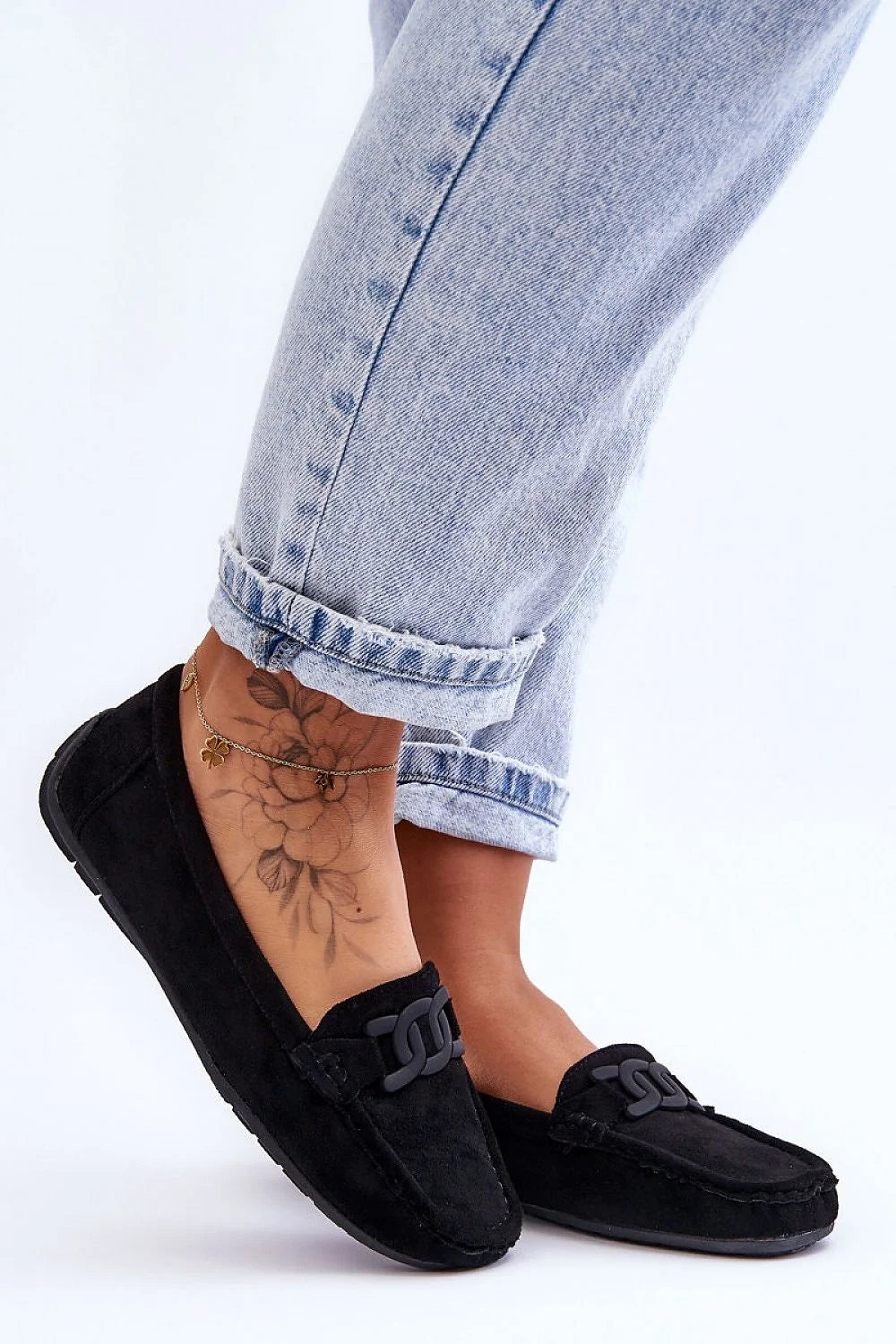 Mocassins femmes élégants en daim noir style casual polyvalent chaîne décorative semelle antidérapante confortable cuir artificiel