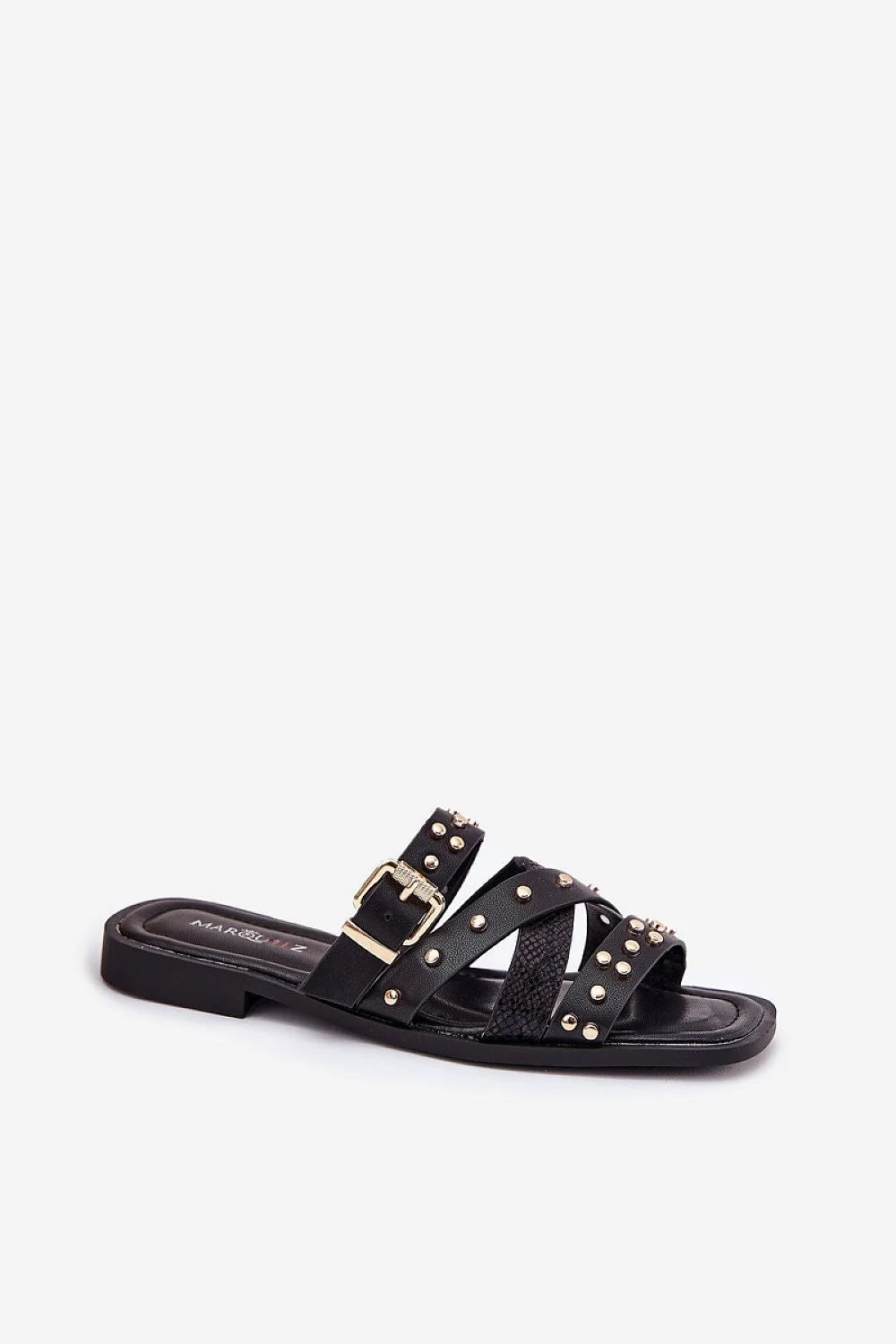 Sandales femmes style moderne audacieux cuir noir clous dorés brides croisées talon plat confortable été