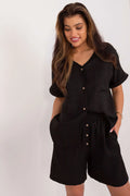 Ensemble Lakerta chemise short femme style élégant décontracté manches courtes col V coton polyester short genoux poches latérales taille haute