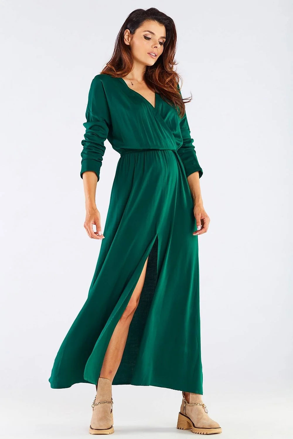 Robe de jour portefeuille élégante longue manches longues décolleté V vert femme viscose Poland taille ajustable