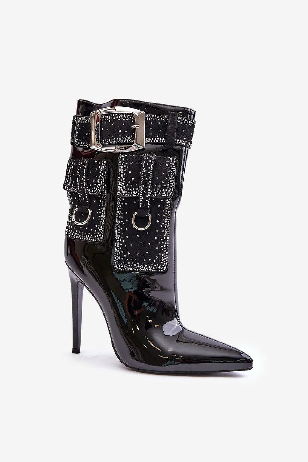 Bottes à talons aiguille audacieuses élégantes cuir verni noir sangle strass métal argenté poches décoratives femmes soirées événements spéciaux