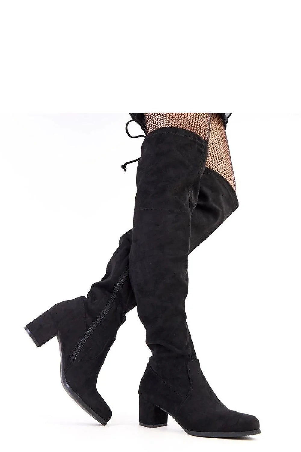 cuissardes suédine noires tige haute froncée bout rond talon bloc 6cm fermeture éclair latérale lacet arrière doublure isolante