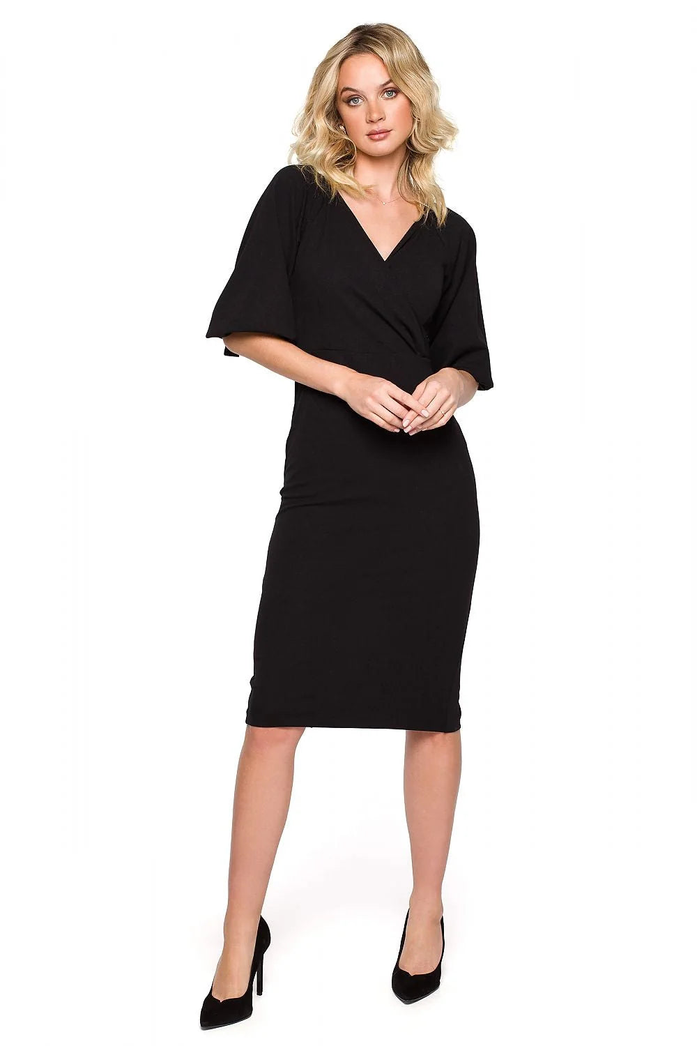 Robe de soirée élégante vert foncé décolleté en V manches courtes silhouette fourreau lycra polyester femme