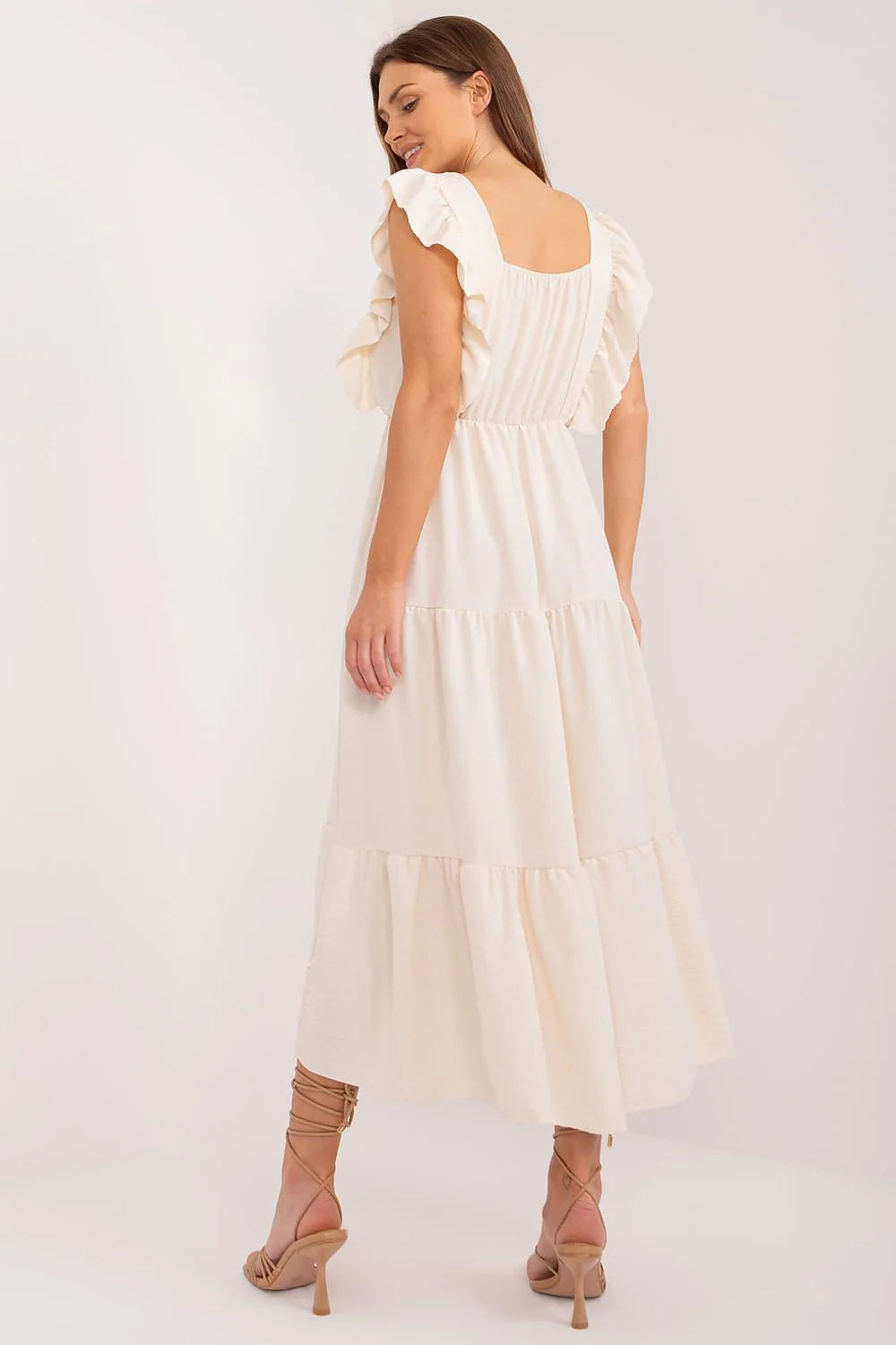 Robe de jour Italy Moda longue sans manches en coton lin style romantique couleur ivoire volants évasé