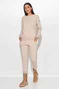 Ensemble décontracté pour femmes en coton beige doux sweat-shirt pantalon coupe droite poches latérales bottines semelle épaisse modernes occasion quotidienne