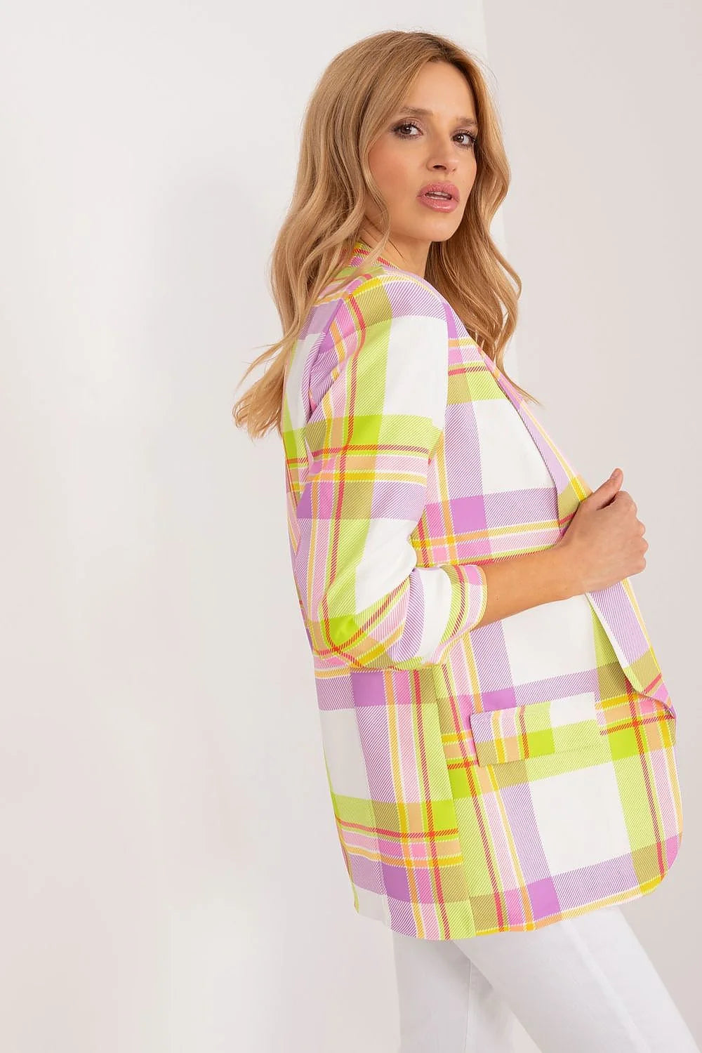 Veste femme style décontracté élégant printemps été motif carreaux coloré coupe droite manches longues poches à rabat