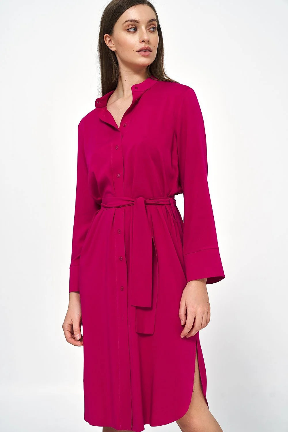 Robe chemise femme longue manches longues verte éclatante coupe droite ceinture intégrée col Mao