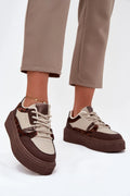 sneakers femme compensées beige marron plateforme semelle épaisse motif léopard cuir synthétique textile perforé laçage assorti col rembourré