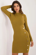 Robe de jour en tricot côtelé vert olive manches longues boutons dorés ajustée femme occasionnels formels