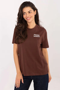 tshirt femme coton100 marron chocolat manches courtes col rond côtelé coupe droite imprimé blanc poitrine dos