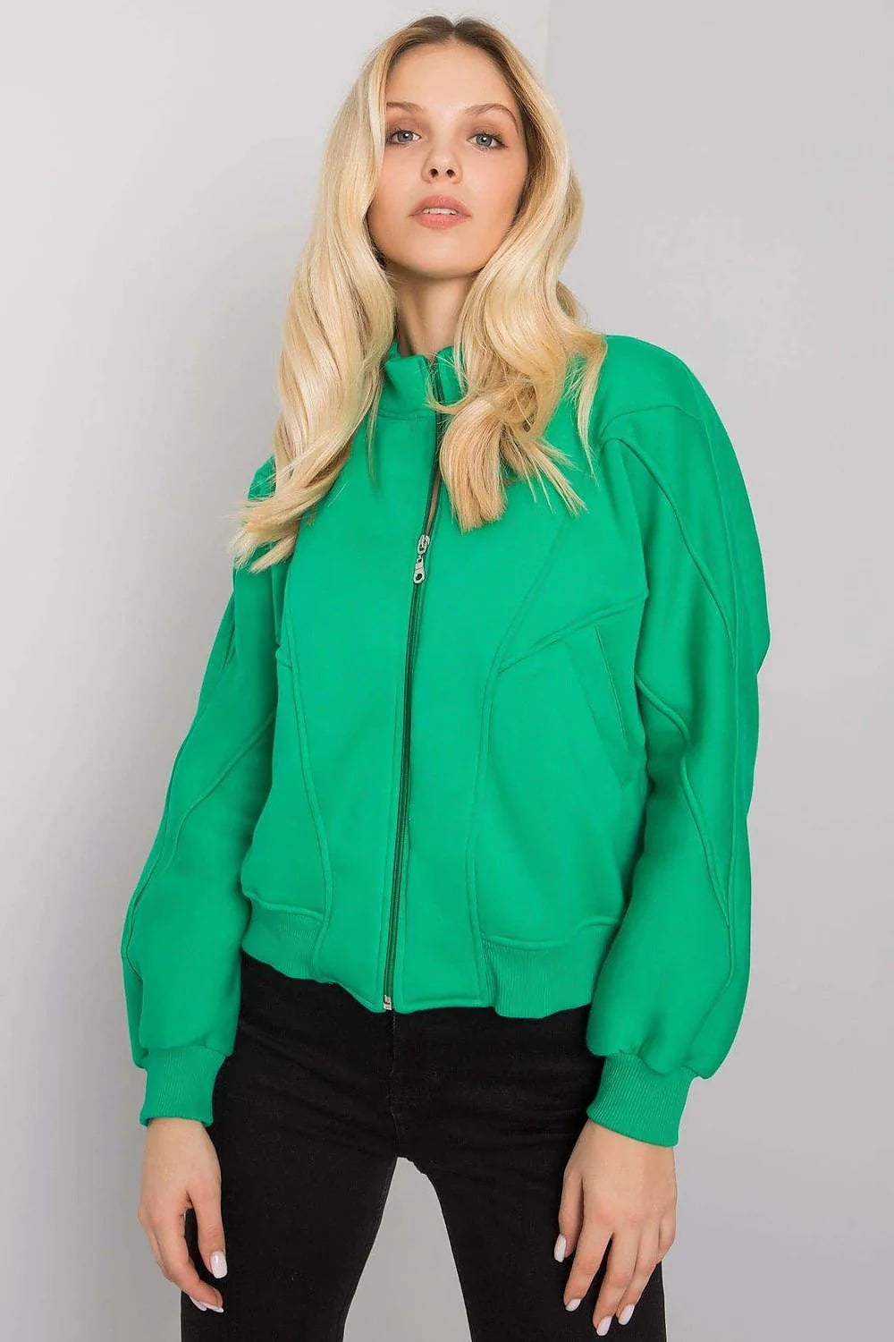 Veste femme polyester coton vert vif col montant moderne décontracté style urbain fermeture éclair