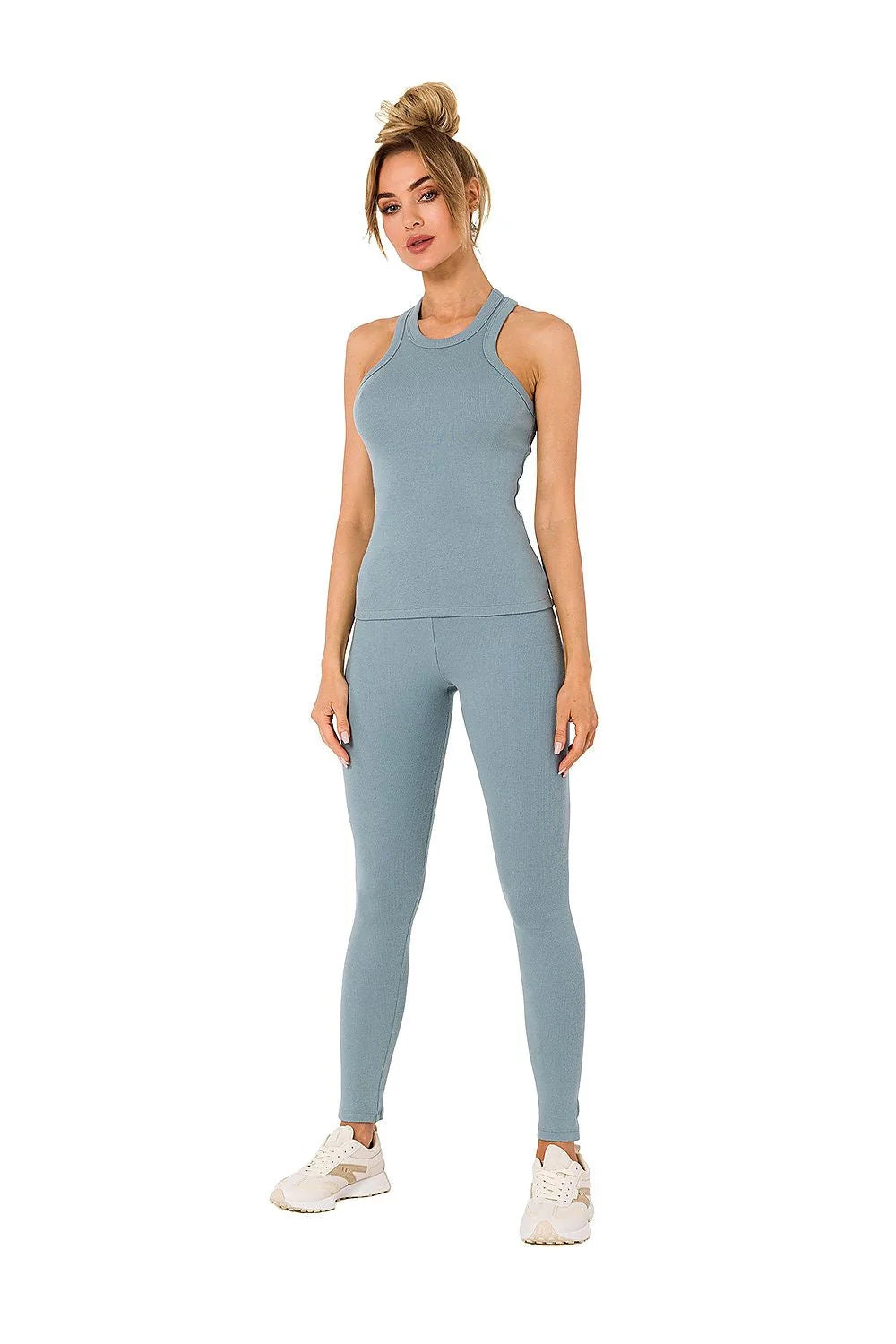 ensemble sportif femme maille côtelée vert émeraude ajusté débardeur col rond sans manches pantalon taille haute extensible respirant
