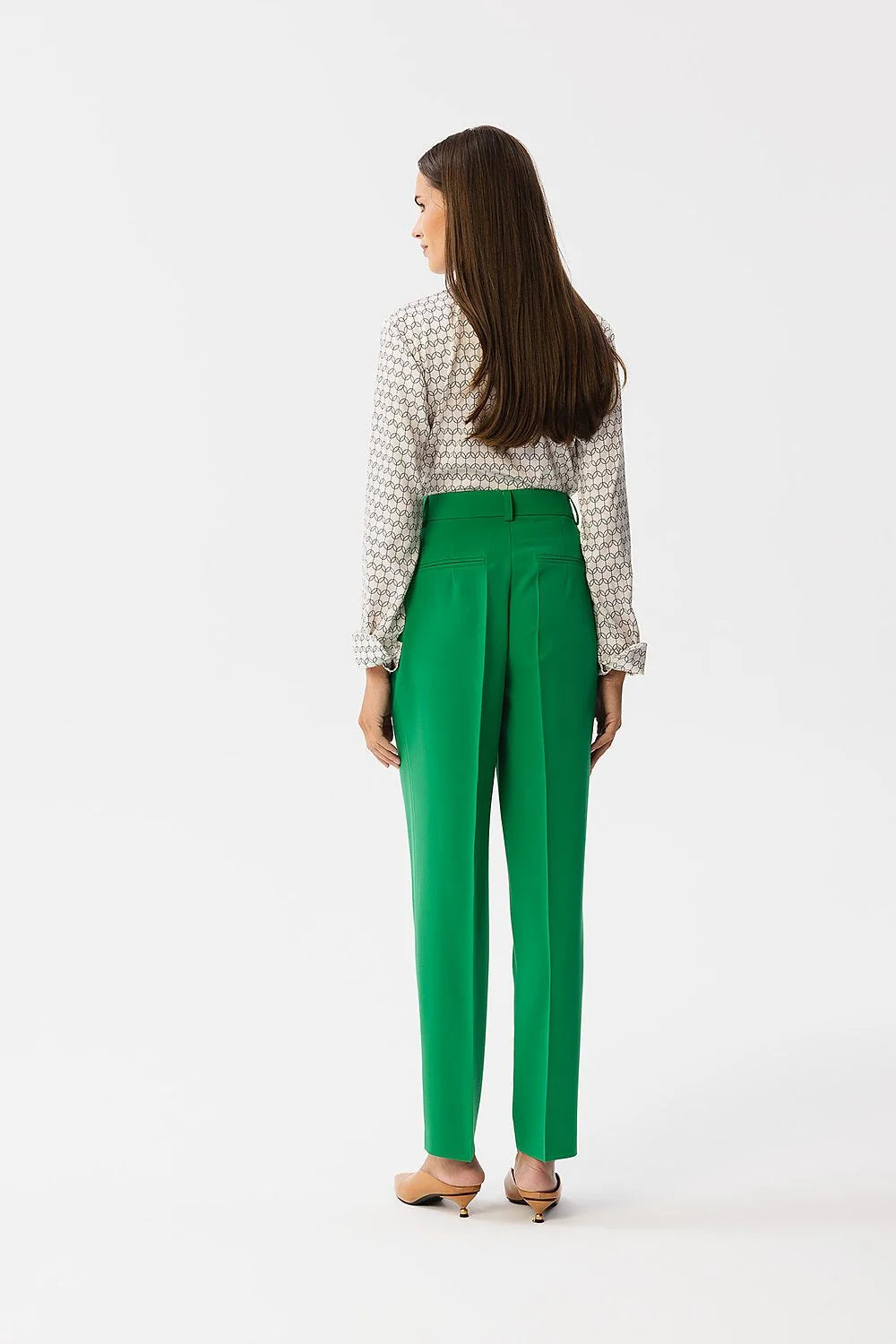 Pantalon femme Stylove taille haute vert vif tissu lisse coupe droite plis devant poches latérales fermeture dissimulée
