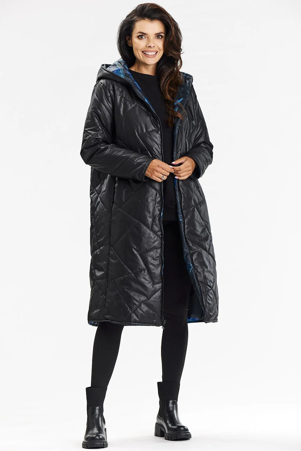 Manteau long pour femmes à capuche double face fermeture éclair matelassé style contemporain noir doublure carreaux bleus hiver
