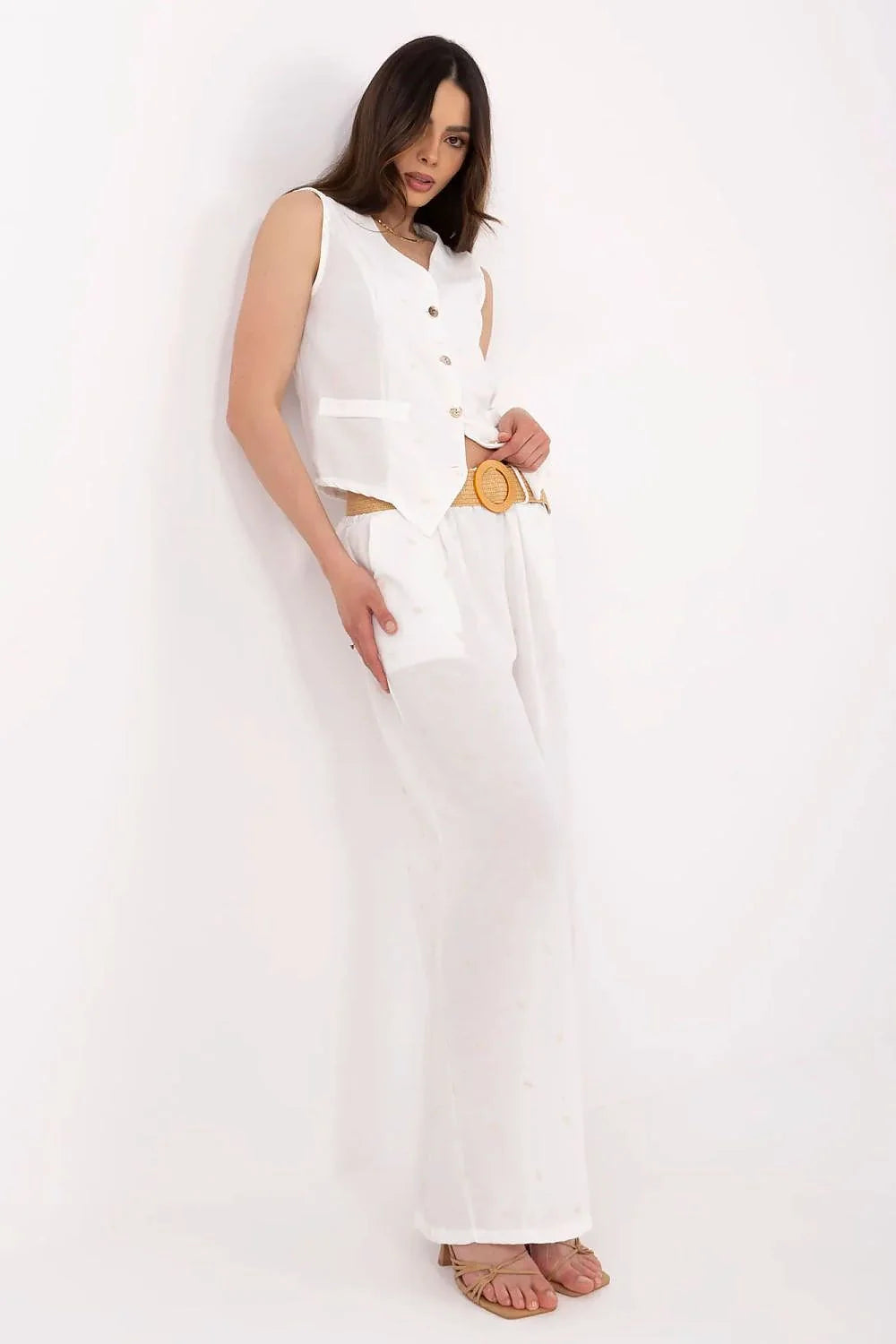 Ensemble féminin Italy Moda moderne et intemporel, gilet sans manches boutonné, pantalon large, tissu léger, blanc, occasionnels formels et décontractés, accessoires inclus