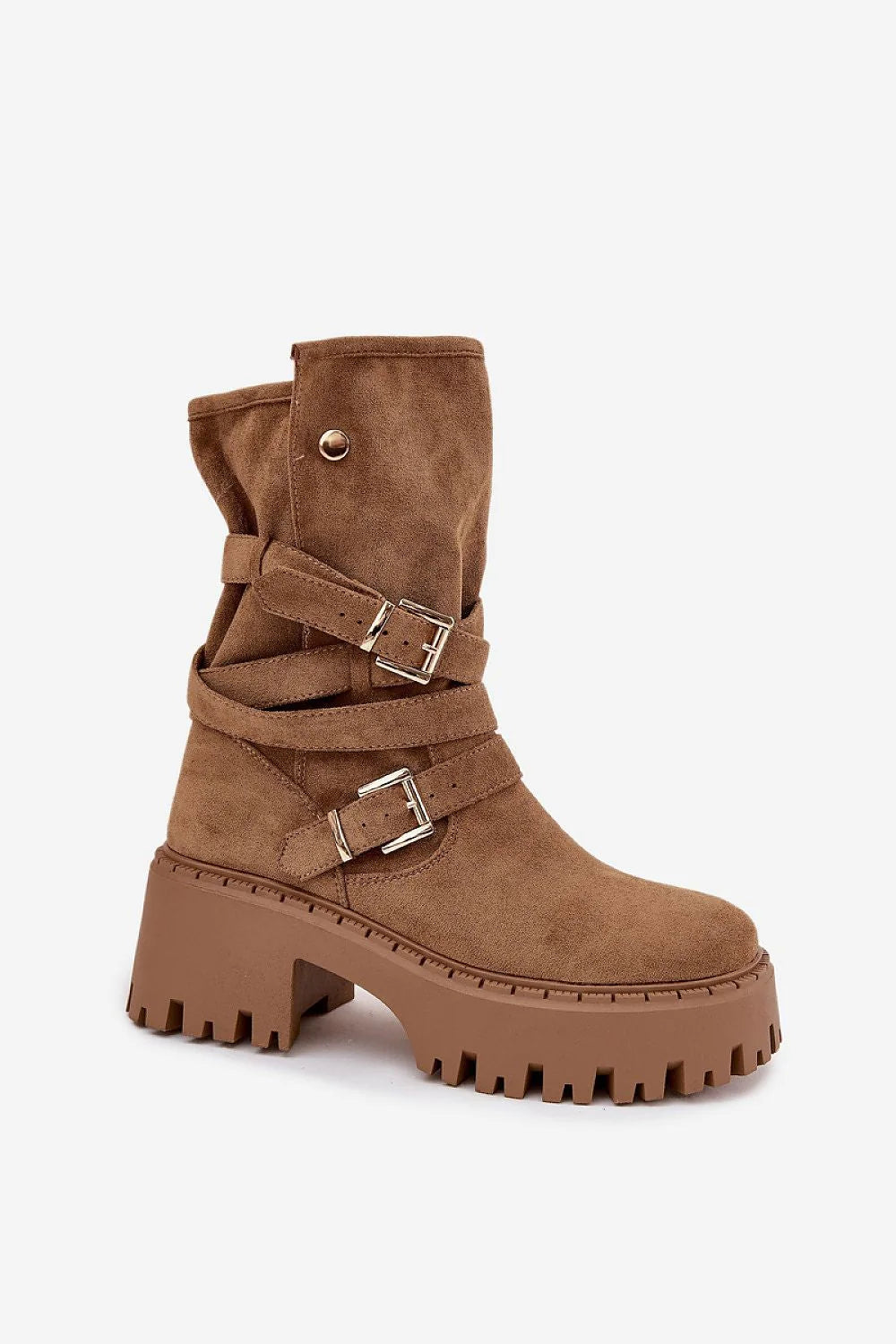 bottines femme suédine écologique camel biker urbain plateforme chunky crantée antidérapante talon massif stabilité sangle tressée boucles dorées bout rond