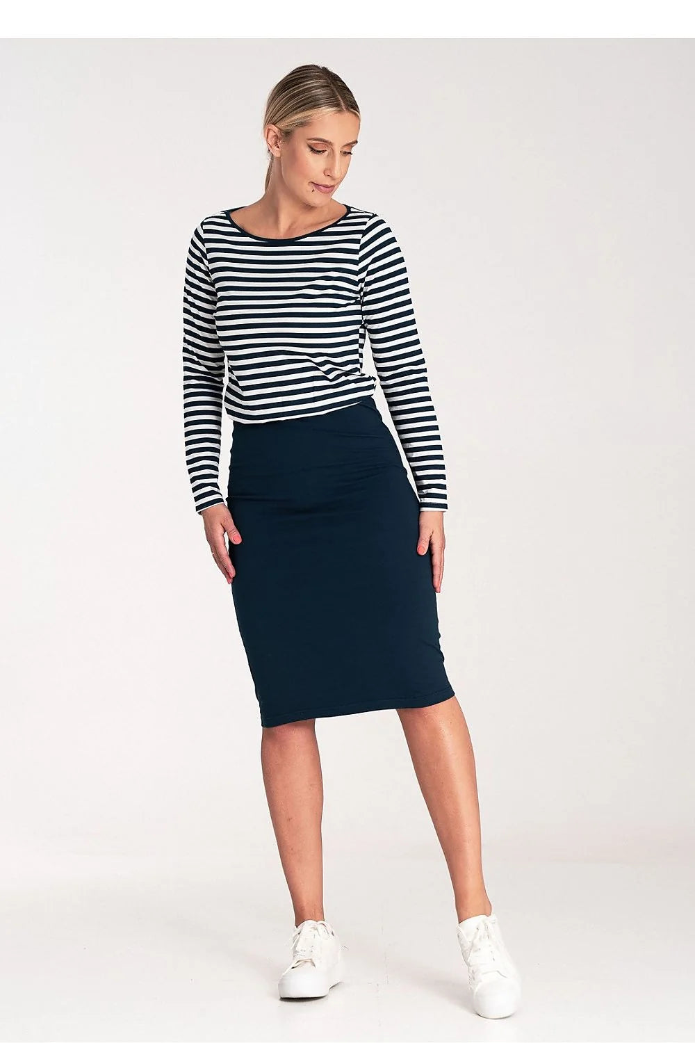 Robe de jour Figl robe deux pièces manches longues rayures coton elasthanne style maritime couleur bleu marine blanc femmes