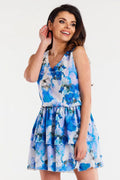 Robe été sans manches imprimé floral couleurs bleues coupe évasée taille élastiquée volants polyester femme