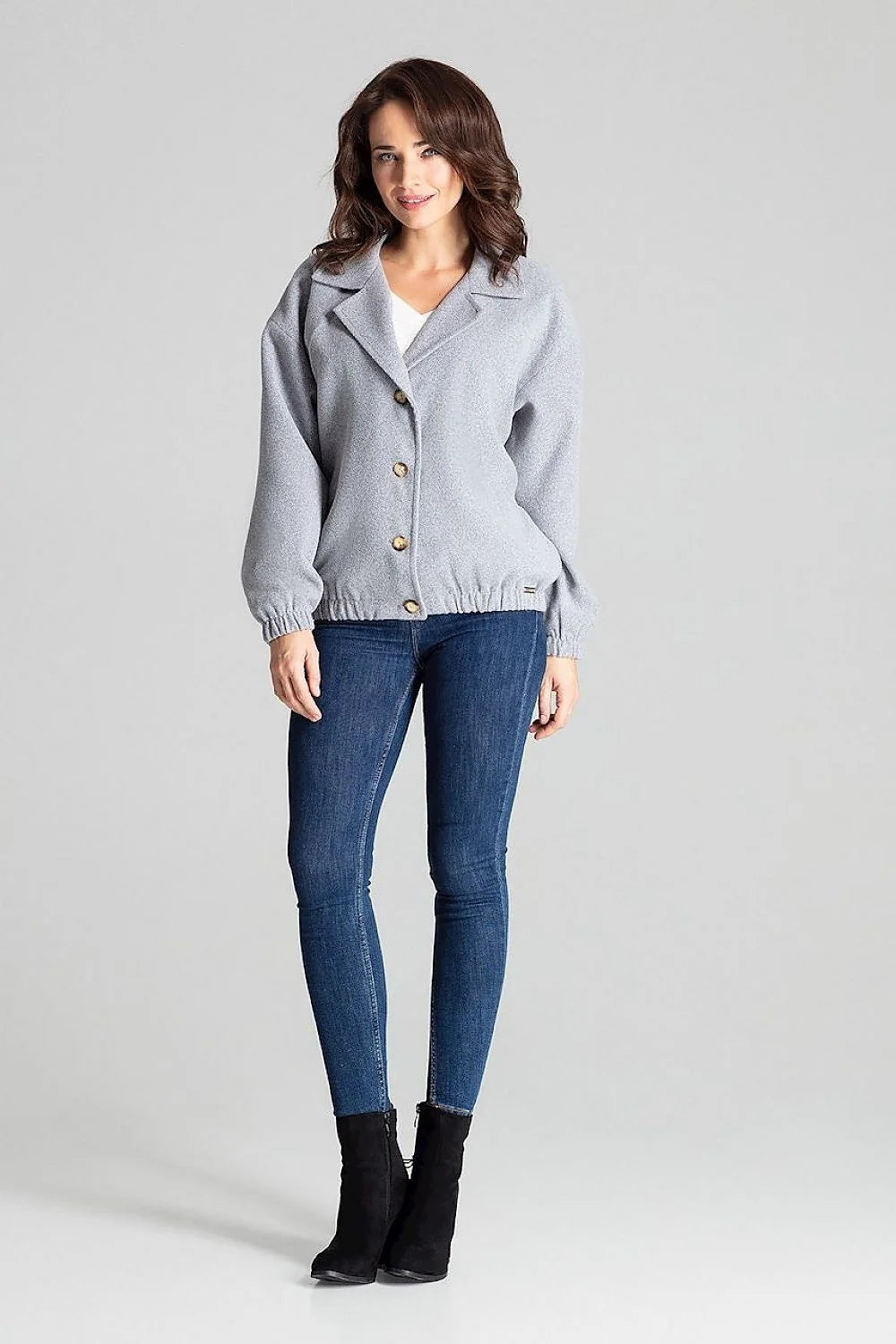 Veste femme laine gris classique élégante boutons bois confort taille L/XL style décontracté