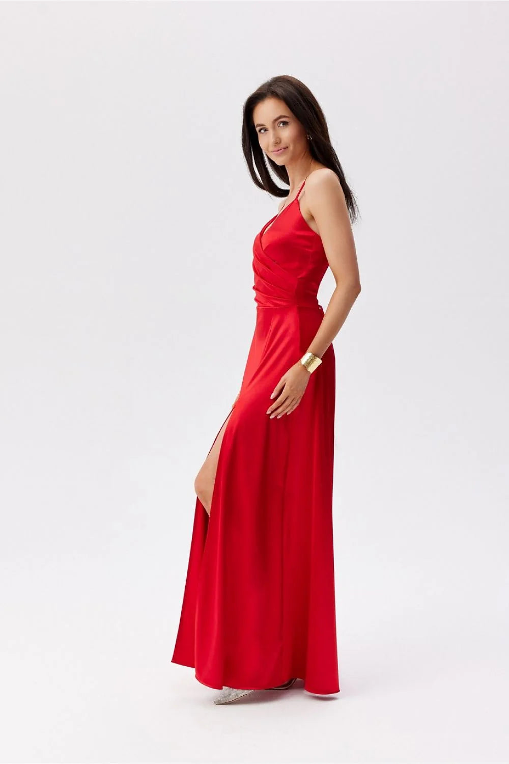 Robe de soirée élégante longue en satin rouge vif dos lace-up ajustable pour femmes