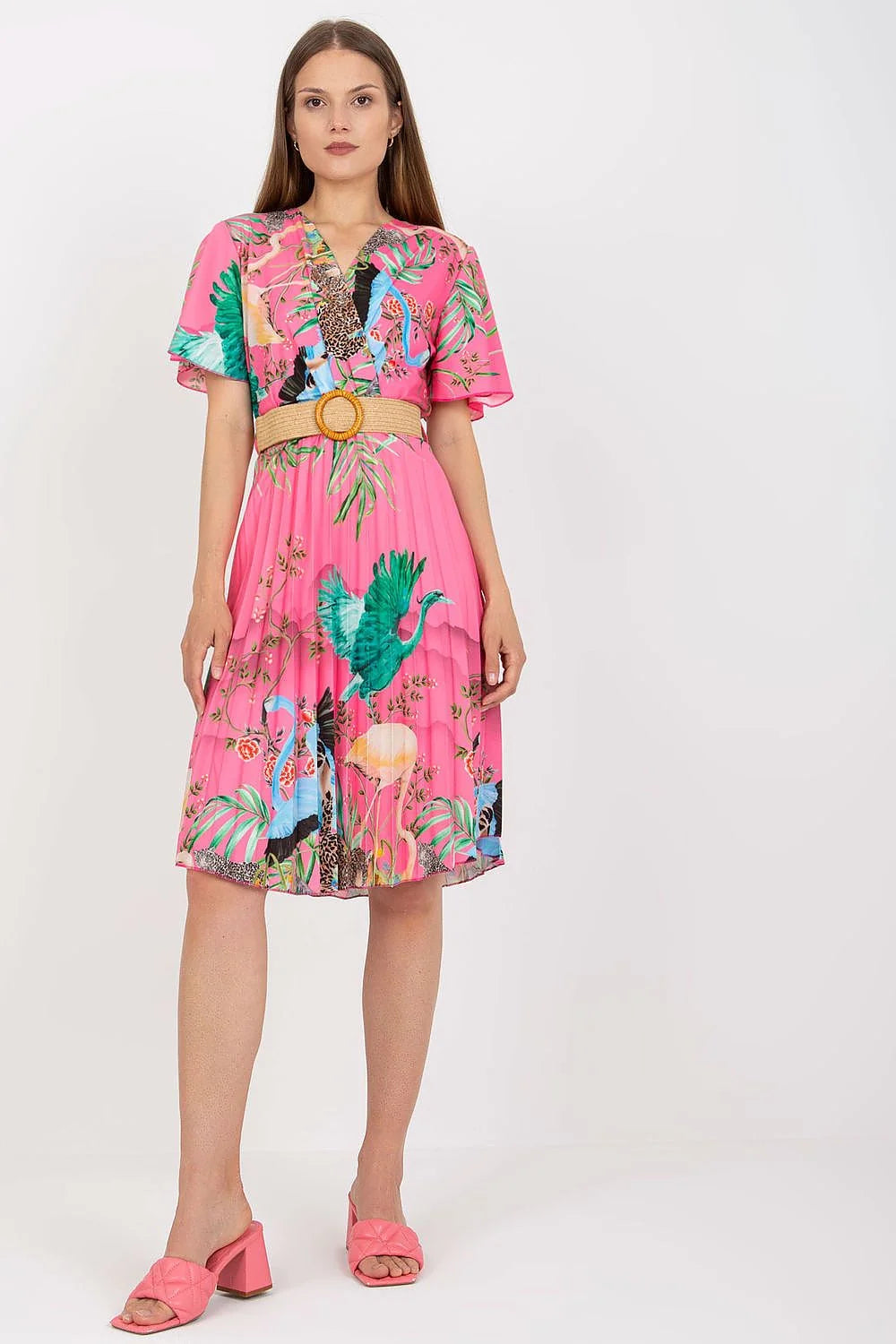 Robe d'été vibrante manches courtes encolure V motifs floraux animaliers ceinture tressée Italy Moda femme