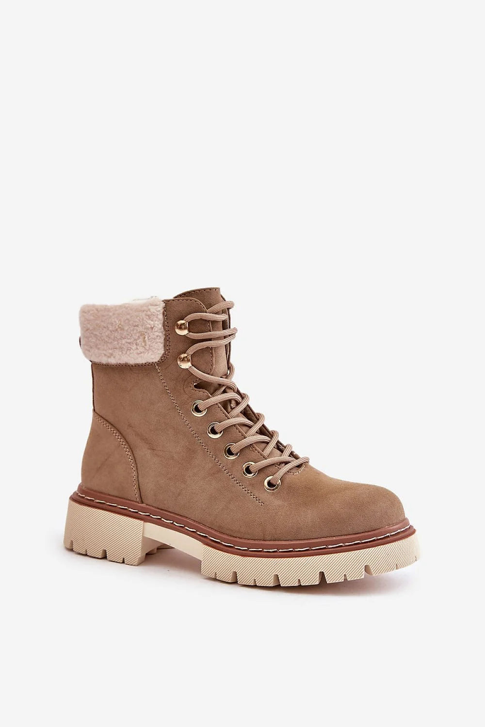 bottines trappeur femme daim taupe montantes col sherpa crème doublure lacets métalliques zip latéral semelle crantée beige talon modéré