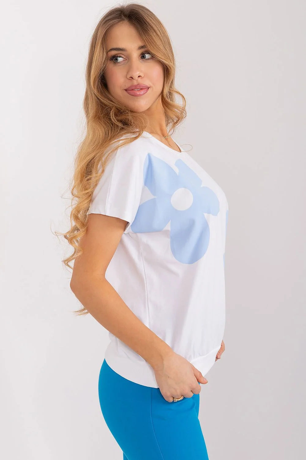 Chemisier Rue Paris design moderne floral imprimé coton blanc bleu manches courtes encolure ronde