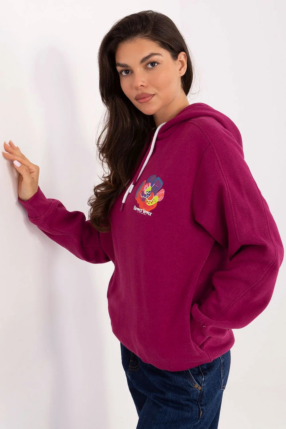 hoodie femme oversize fuchsia streetwear loose hanches cordon blanc molleton doux manches longues imprimé floral multicolore poitrine dos poche latérale